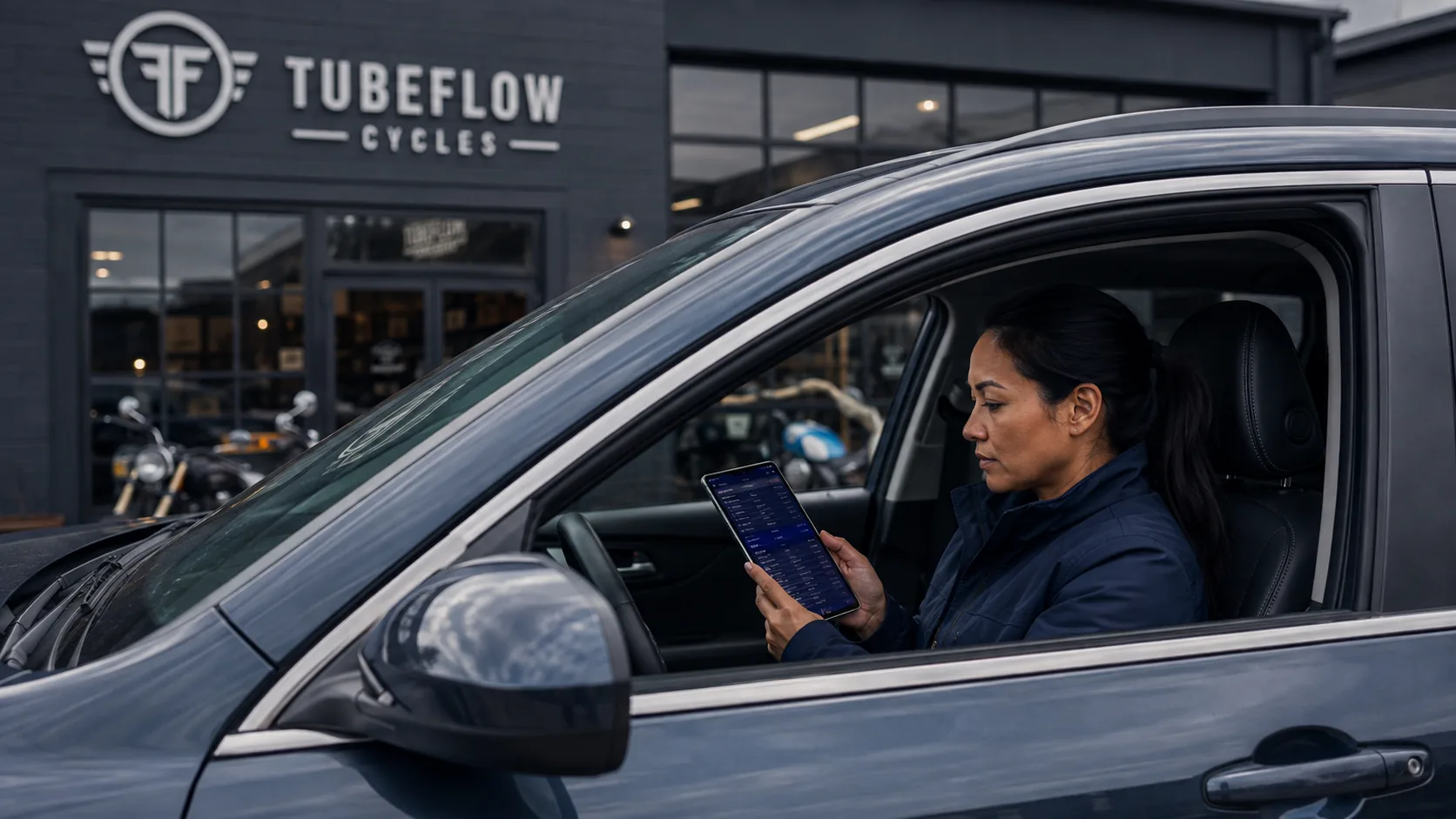 A field rep in her car reviewing an account before a visit