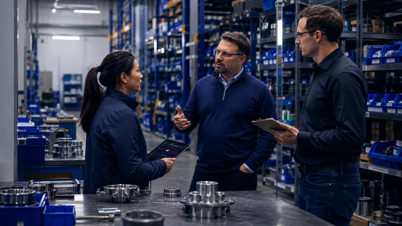 A field rep talking with customers on a warehouse floor