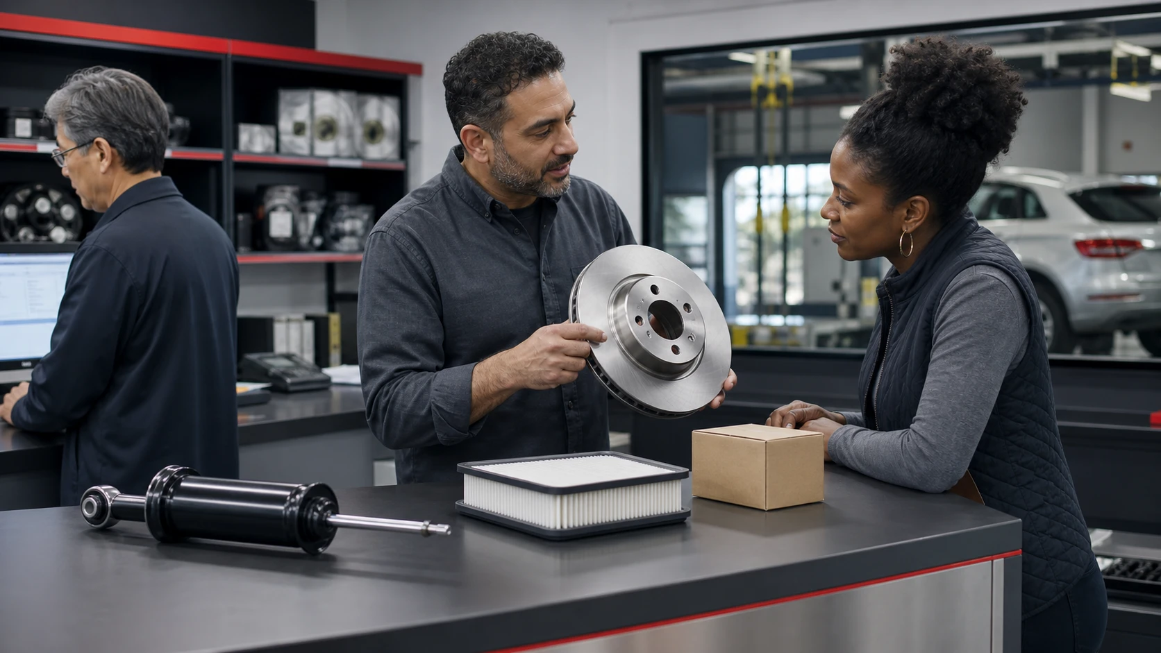 Two people talking across a parts counter, one holding a brake rotor