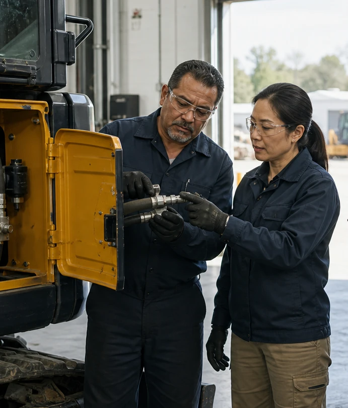 Two technicians inspecting a hydraulic hose on a yellow machine